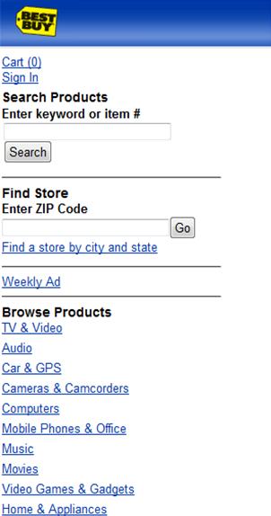 Product categories on the BestBuy mobile home page